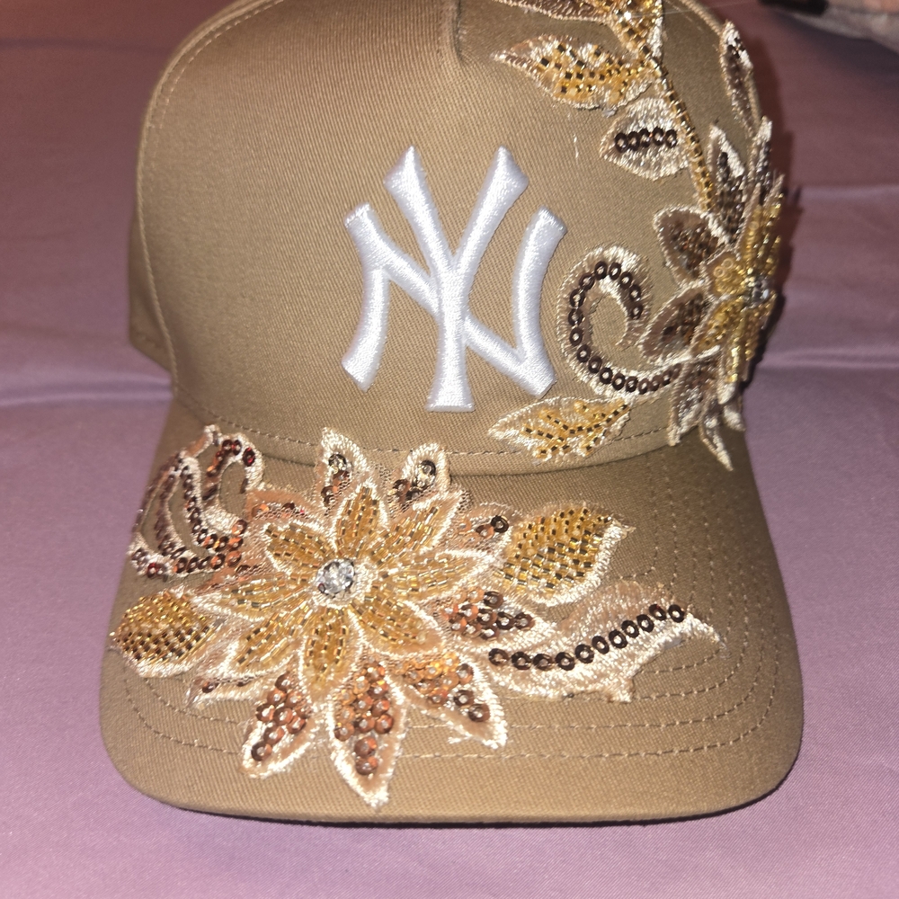 Embellished Tan Cap with Floral Accents